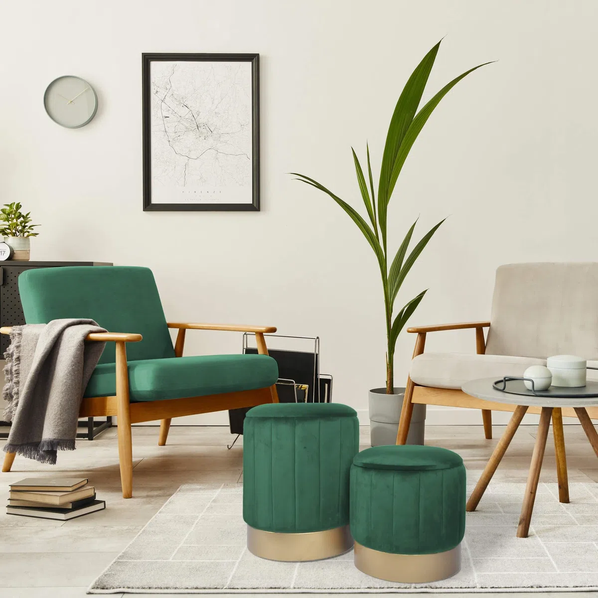 Rebecca Mobili Set 2 Pouf Velluto, Pouf Poggiapiedi, Verde, Ferro MDF, Con Contenitore, Per Salotto Camera - Misure HxLxP: 44 x 35 x 35 cm - Art. RE6834