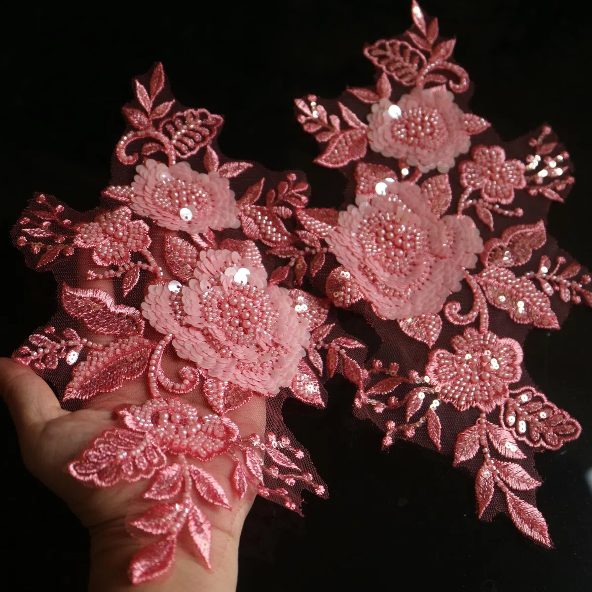 2 pz/paia di toppe ricamate con paillettes e fiori in pizzo per abiti da sposa con strass in pizzo toppe ricamate parches ropa per vestiti (rosa)