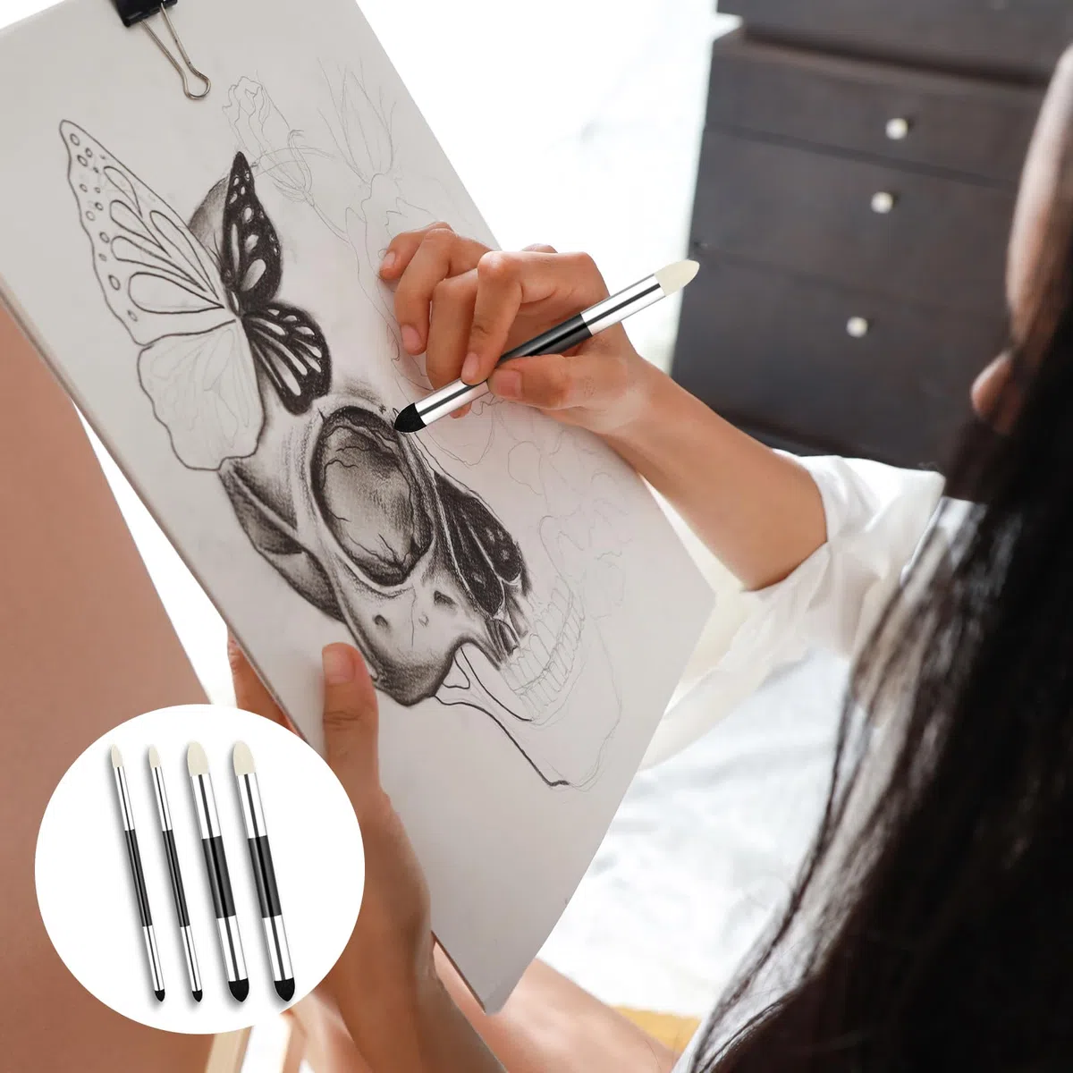 4 penne in spugna per sfumare artisti, a doppia punta, riutilizzabili, per disegnare e sfumare a olio, pastello, lavabili, per schizzi, schizzi, disegno, miscelazione, alleggerimento ed evidenziazione