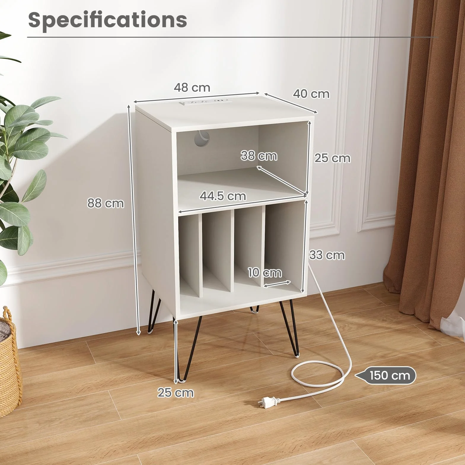 GIANTEX Scaffale per Giradischi a 3 Livelli, Stand per Giradischi Domestico con Stazione di Ricarica, Tavolo Porta Dischi in Vinile con Mensola e 4 Divisori, Scaffale Espositivo (Bianco)
