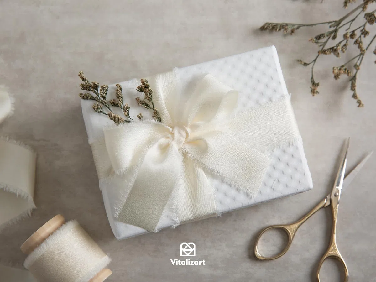 Vitalizart Nastro di Raso con Frange Avorio 2,5 cm x 13,7 m Rocchetto di Legno, Nastro Bianco Crema Fatto a Mano per Confezioni Regalo per Neonati Doccia Bouquet di Nozze Ornamenti per le Feste