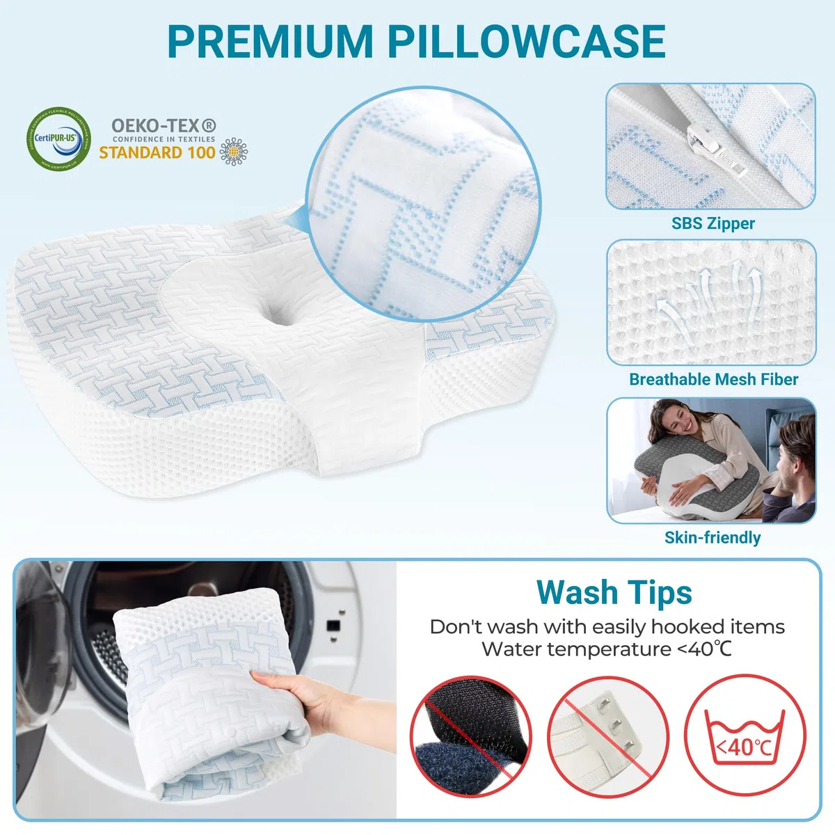 Elviros Cuscino in Memory Foam Ortopedico Cervicale per Dolore al Collo Cuscino Ergonomico per Dolore alla Spalla Cuscino di Sostegno del Collo, Altezza regolabile, 59 x 40.5 x 11.5/13.5 cm, Blu