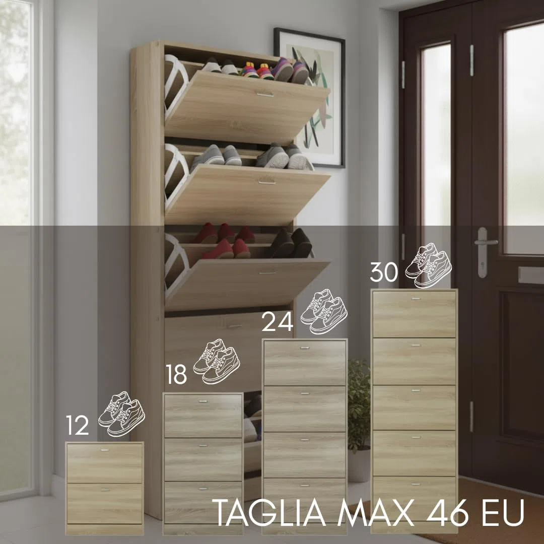 Scarpiera Portascarpe in Legno MDF Melaminico Scaffali Ante a Ribalta Maniglie Grigio Satinato Doppia Profondità Adatta a Scarpe Stivali Ciabatte Tacchi Istruzioni Incluse (2 Ante, Rovere)