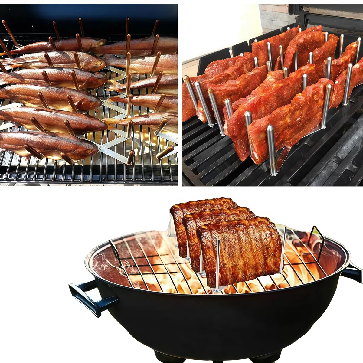Porta BBQ in Acciaio Inox, 2 Pezzi Regolabile Retrattile Rack per Costine, Porta Coperchio, Ripiano per Barbecue per La Preparazione di Costolette O Arrosto con 2 spazzole in silicone