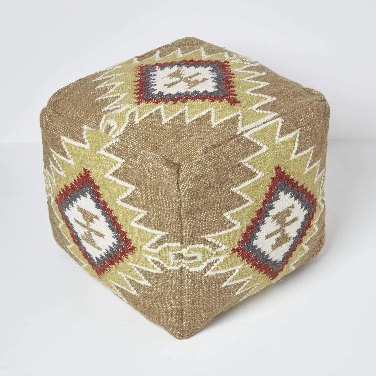Homescapes - Pouf Kilim realizzato a mano, con imbottitura in fagioli, 43 x 43 cm, in lana e cotone ricamati a mano, motivo geometrico "Jaipur"