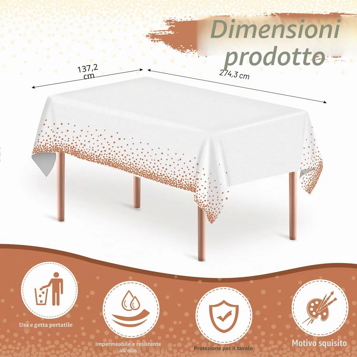 Mokani 4 Pezzi Tovaglia Usa e Getta, Tovaglie Compleanno a Pois Bianchi e Oro Rosa per Matrimoni, Natale, Party, Picnic, Compleanno, battesimo(137 x 274 cm)