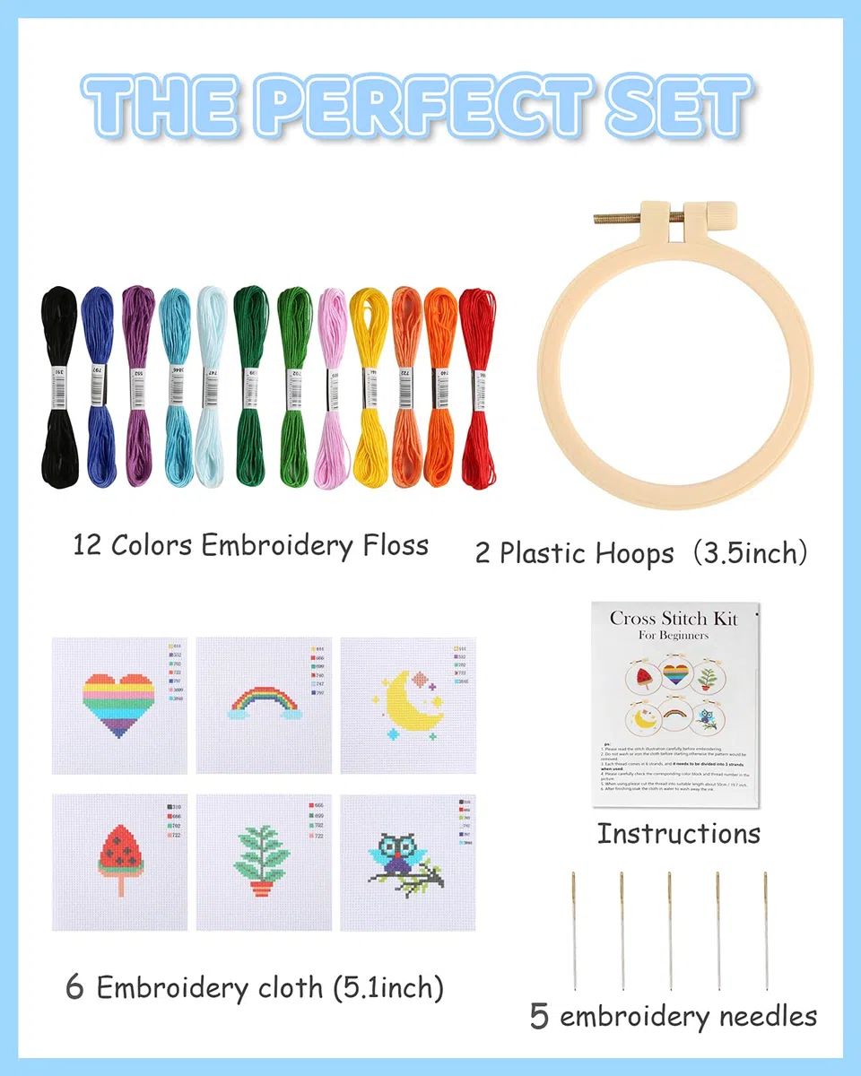 Pllieay Kit per punto croce, per principianti, 6 pezzi con motivo a punto croce e 2 cerchi, 12 matasse, kit da cucito con istruzioni (lingua italiana non garantita)