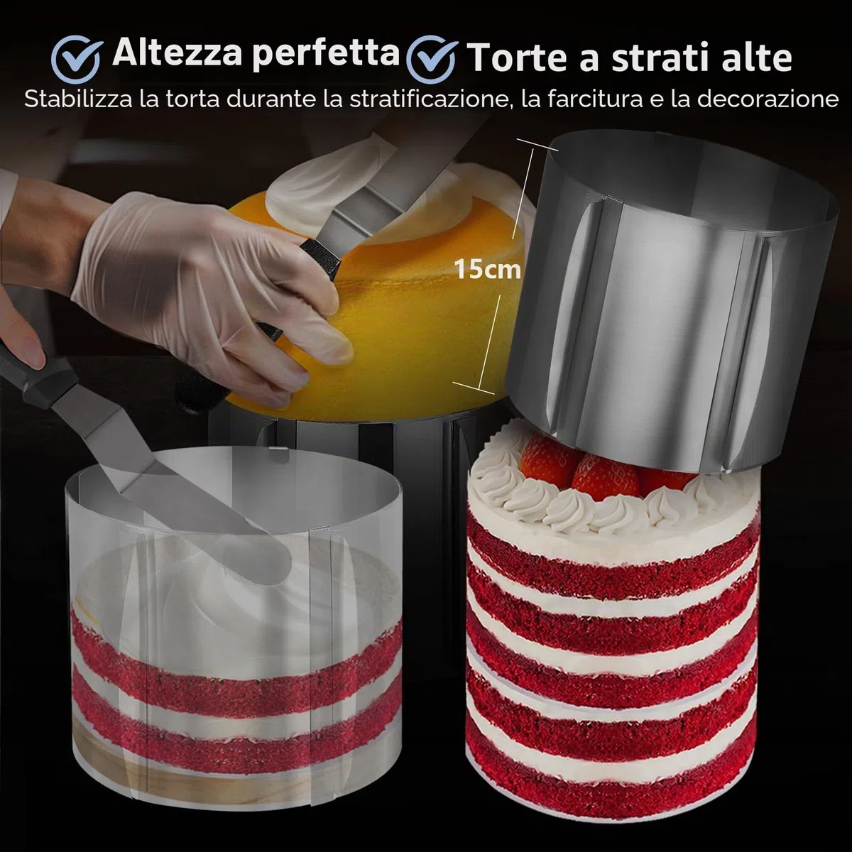 KITDAHOM Anello Regolabile per Torte - Stampo da Forno Rotondo 15 cm di Altezza Ø 16-30 cm - Acciaio Inox - Resistente al Calore, Stabile, con Scala - Per Cottura, Decorazione e Modellatura di Torte