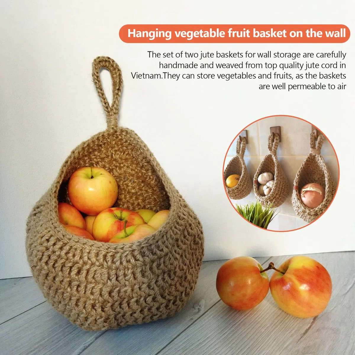 Cestini di Frutta da Appendere (Set di 3), Cestini da Appendere in Iuta, Cestini Portaoggetti da Appendere Intrecciati a Mano per Cucina Domestica Cesto Portaoggetti da Parete Frutta Verdura Snack