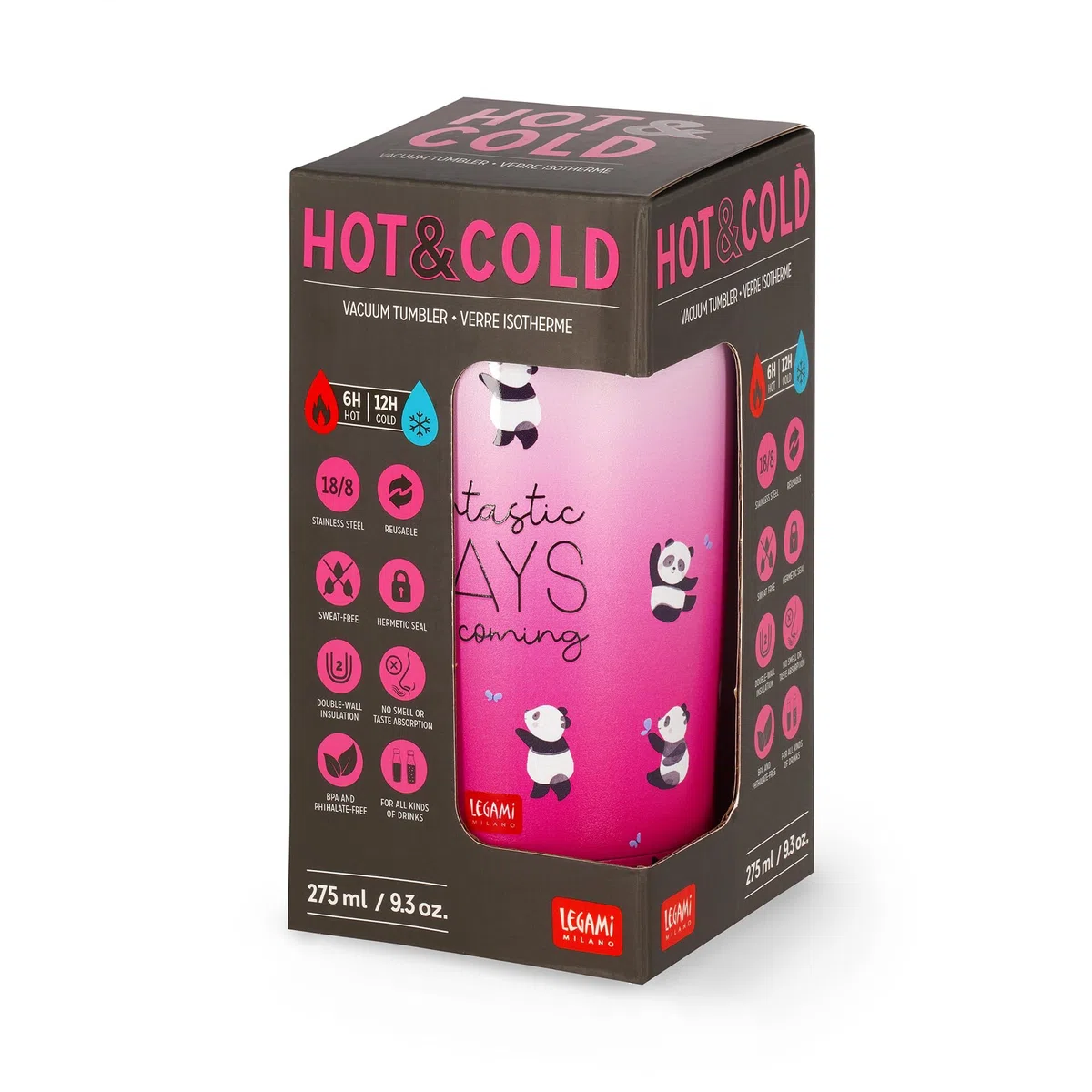Legami - Bicchiere Termico Hot&Cold Vacuum Tumbler, Tema Panda, Tappo con Chiusura Ermetica, in Accaio Inox, Capacità 275 ml, per Tutti i Tipi di Bevanda