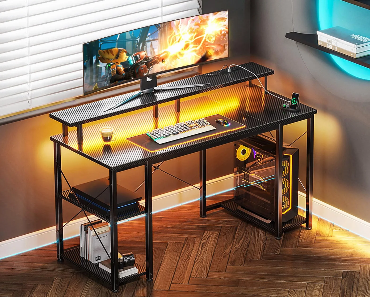 Coleshome Scrivania Gaming con LED, 120x50cm Scrivania Computer con 2 Prese e 2 Porte USB, PC Scrivania con Supporto Monitor e Ripiani di Archiviazione, Scrivania per Ufficio Casa, Nero