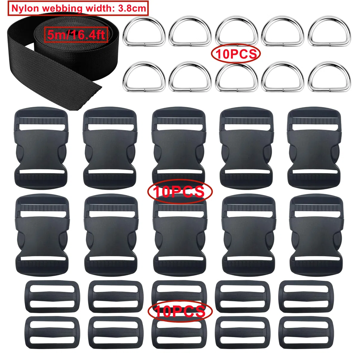 HUAZIZ Set di Fettuccia con Fibbia Zaino, Fibbie Regolabili Nere, Fettuccia 5 Meter Nylon, 10 Pcs di Fibbie in Plastica per Zaini, Valigie e Cinghie per Animali (38 mm)