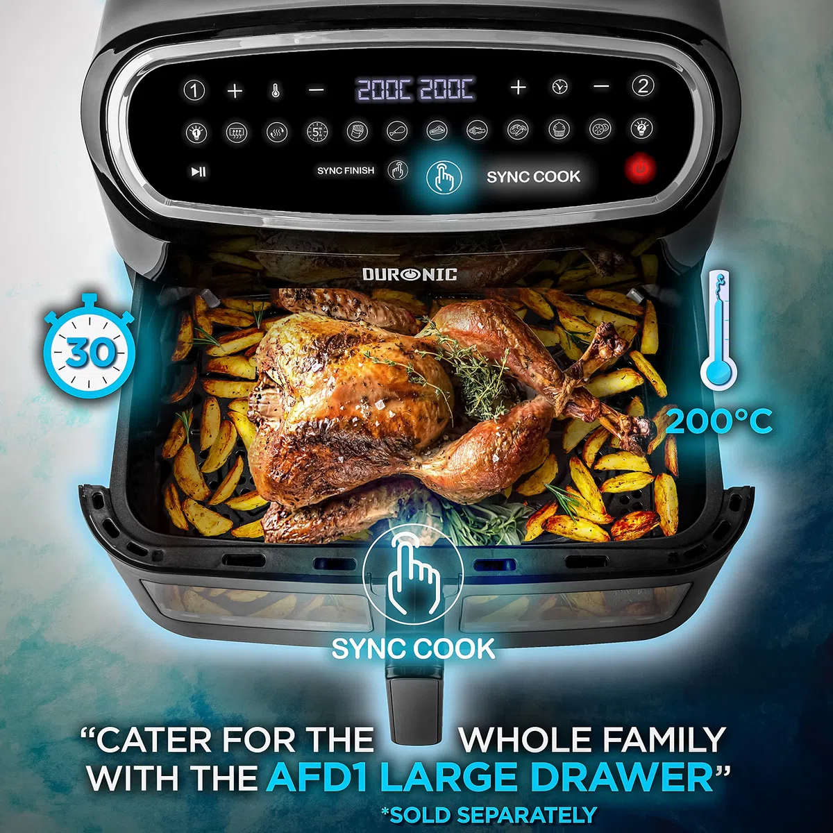 Duronic AF24 Friggitrice ad aria 2400W | Capacità 10 L per tutta la famiglia | Schermo touch e luce interna | 10 programmi di cottura, | Senza olio | Funzioni doppia cottura e finitura sincronizzata