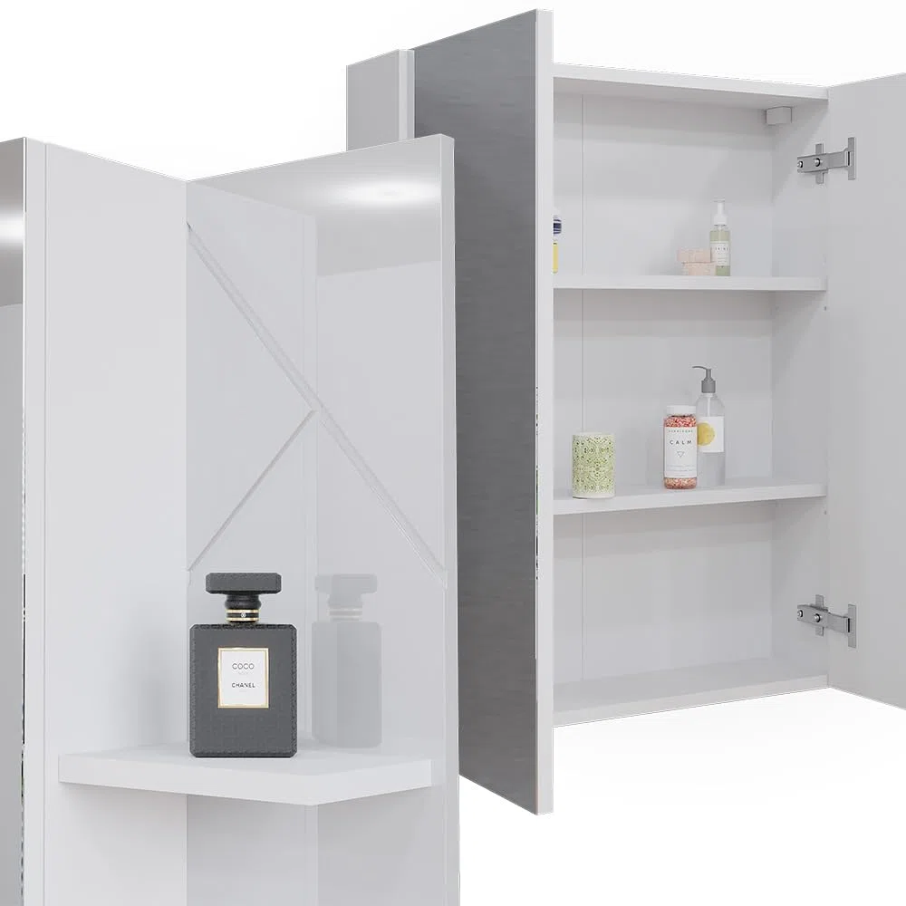 Vicco Mobile a specchio per il bagno Irma, Bianco/bianco lucido, 80 x 75 cm, per montaggio a parete con ripiani aperti e specchio