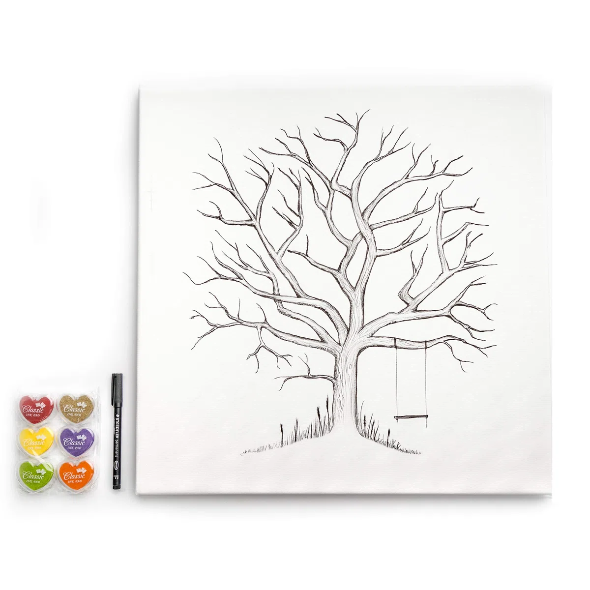 codicarts. Tela per matrimonio, anniversario, festa di famiglia, libro degli ospiti incl. timbro per impronte digitali e penna – Motivo albero con altalena – 50 x 50 cm, Made in Germany
