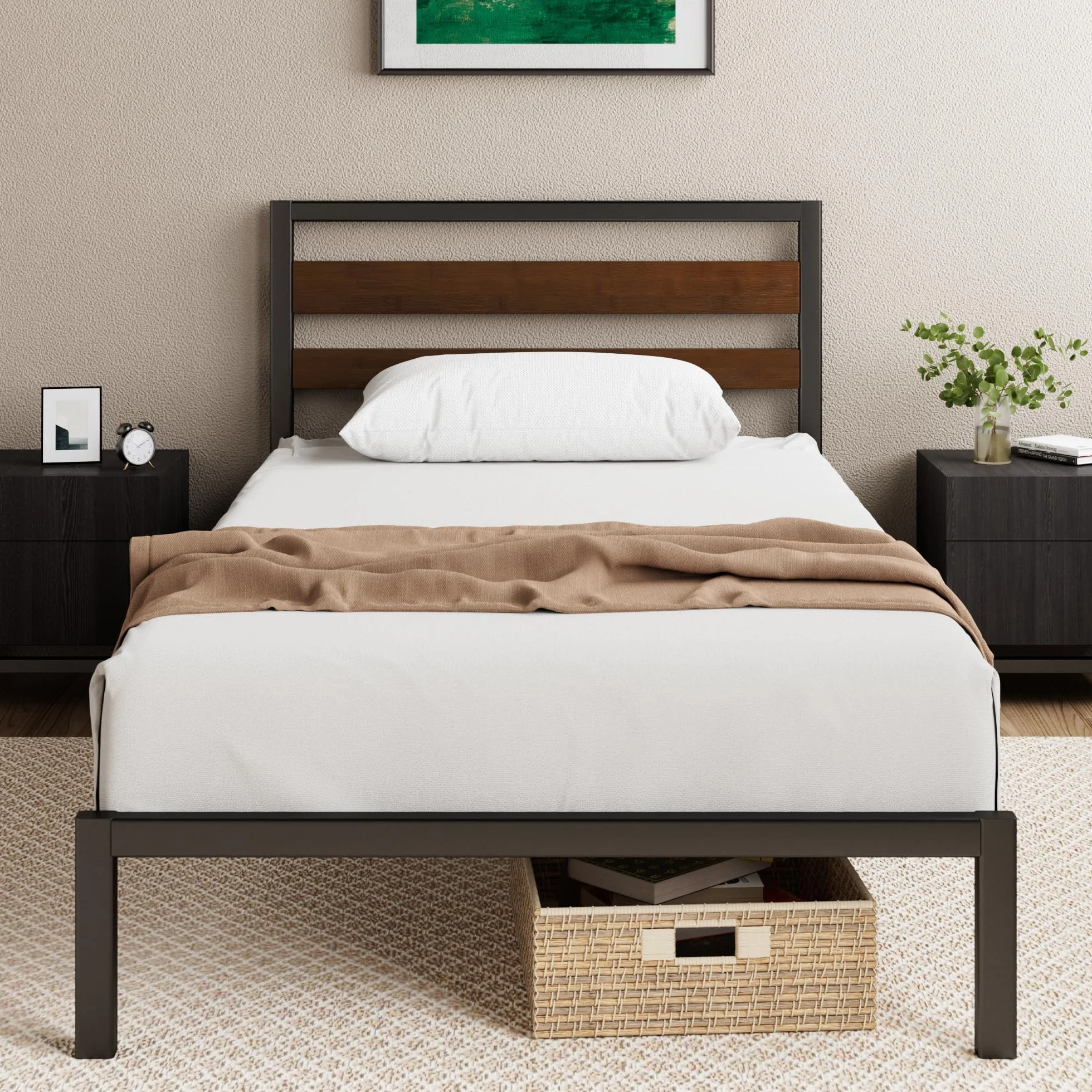 Zinus Kai Struttura Letto Singolo 80x190 cm con Testiera in Bambù - Rete Singola con Doghe in Metallo Incluse - Altezza 25.4 cm con Spazio Sottostante - Facile da Montare - Nero e Marrone