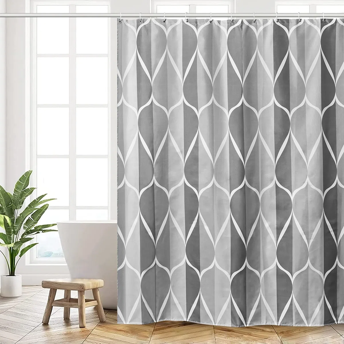 Tenda Doccia 180x200 cm, Tenda per Doccia Polyester Lavabile, Tende Doccia Asciugatura Rapida con 12 Ganci, Tenda Vasca da Bagno per Casa Hotel, Orlo Ponderato, Grigio Onde