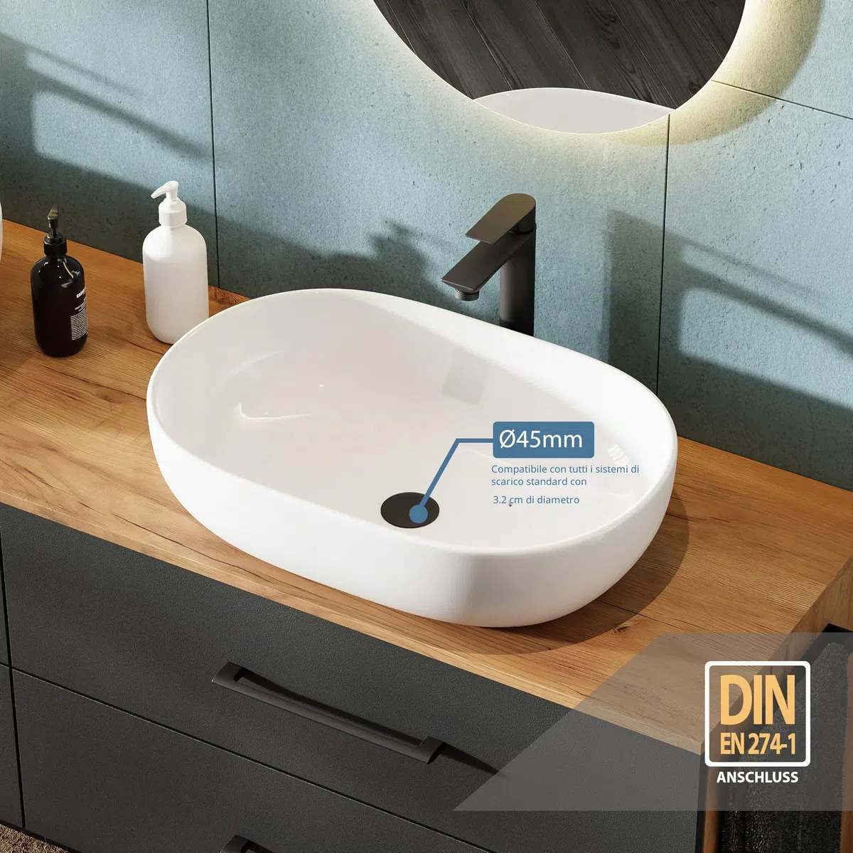 Planetmöbel Lux Set di mobili da bagno con lavabo sospeso da 170 cm e 2 lavabi da appoggio da 60 cm di colore bianco, mobili in rovere dorato/antracite