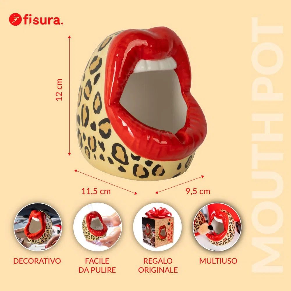Fisura – Posacenere originale “bocca” con stampa leopardata. Posacenere in ceramica per interno ed esterno, idea regalo divertente. Può essere usato come vaso o svuotatasche. 9,5 x 12 cm.