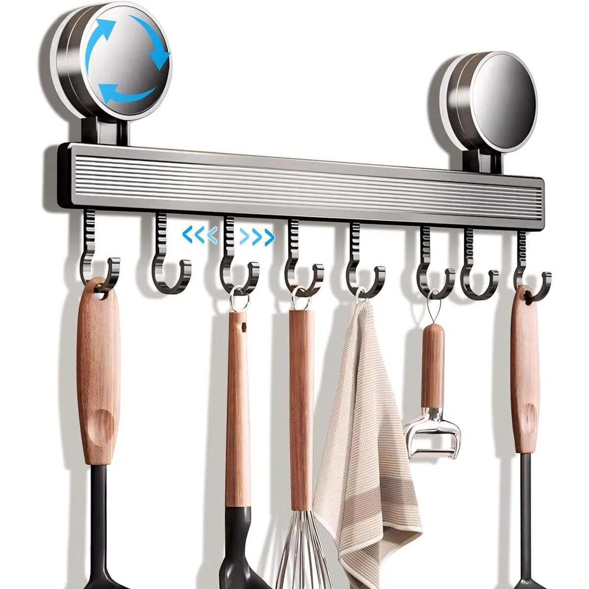 URMONA Porta Ganci Cucina Senza Forare con Ventosa, 8 Ganci-40 cm, fino a 20 kg, Barra Ganci Autoadesiva e Rimovibile, Antiruggine, Installazione Rapida per Utensili da Cucina
