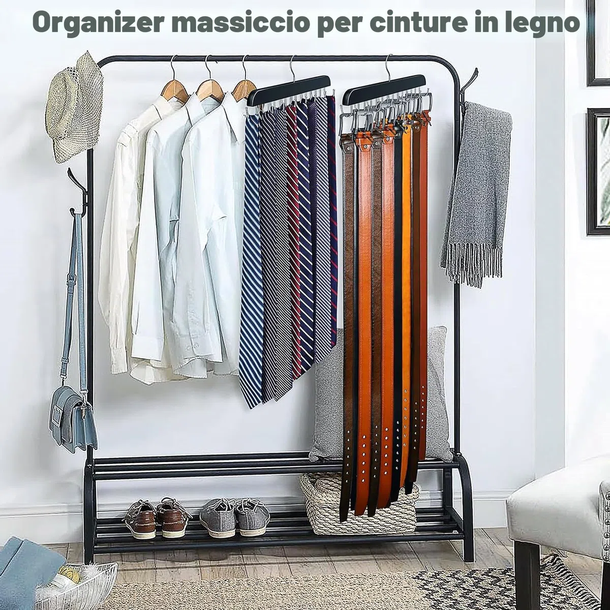 Portacinture In Legno,Porta Cinture da Armadio Clip Antiscivolo Organizer Portacintures Portacravatte Da Armadio con 14 Ganci Gruccia Portacinture Portacravatte per Cinture,Cravatte,Sciarpe