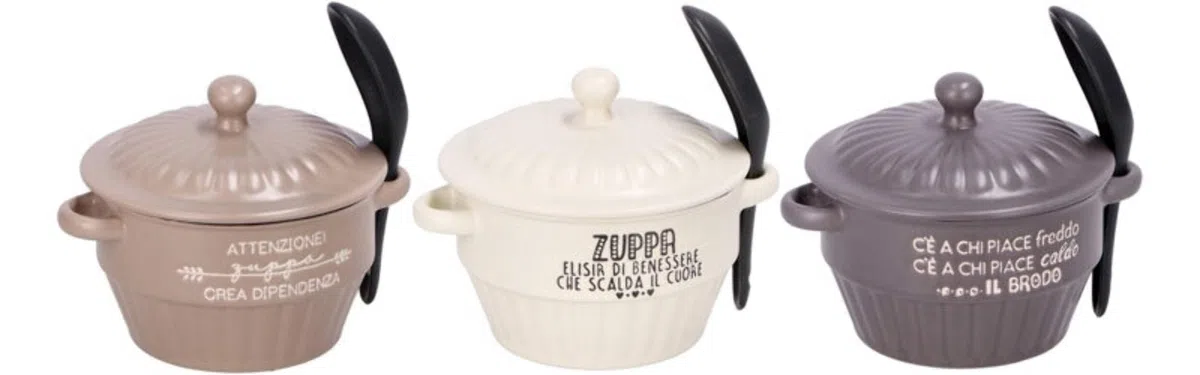 1 Pezzo Zuppiera da Portata in Ceramica con Coperchio e Cucchiaino 450 ml 3 Colori