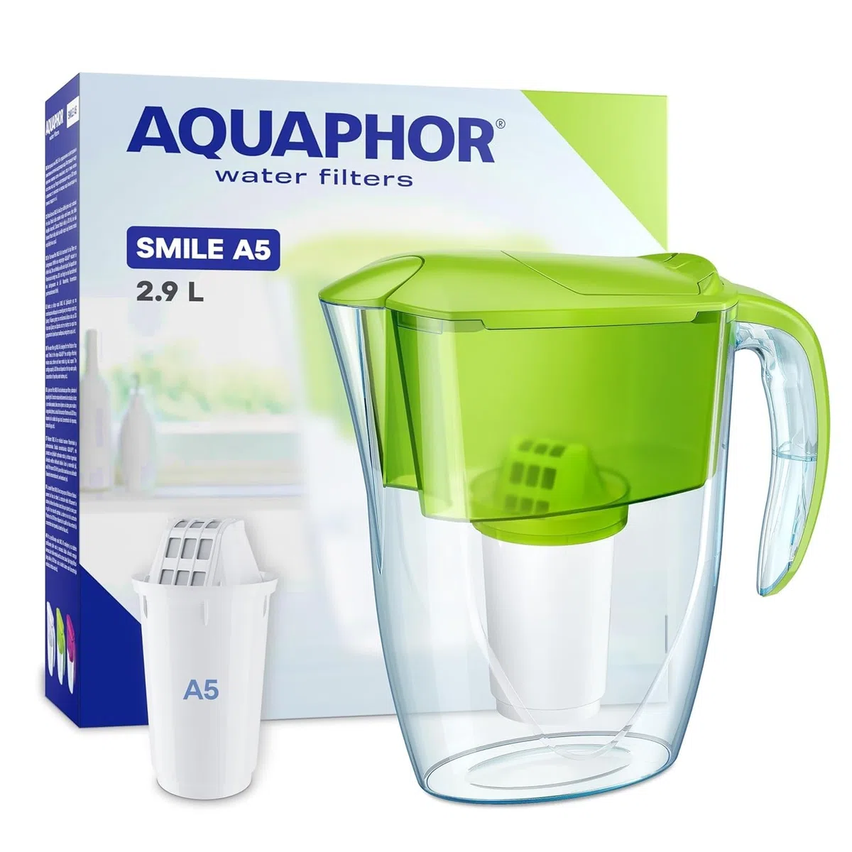 AQUAPHOR Smile Caraffa Filtrante per Acqua + 1 filtro A5 (350L) - Brocca da Capacità di 2,9L - Verde