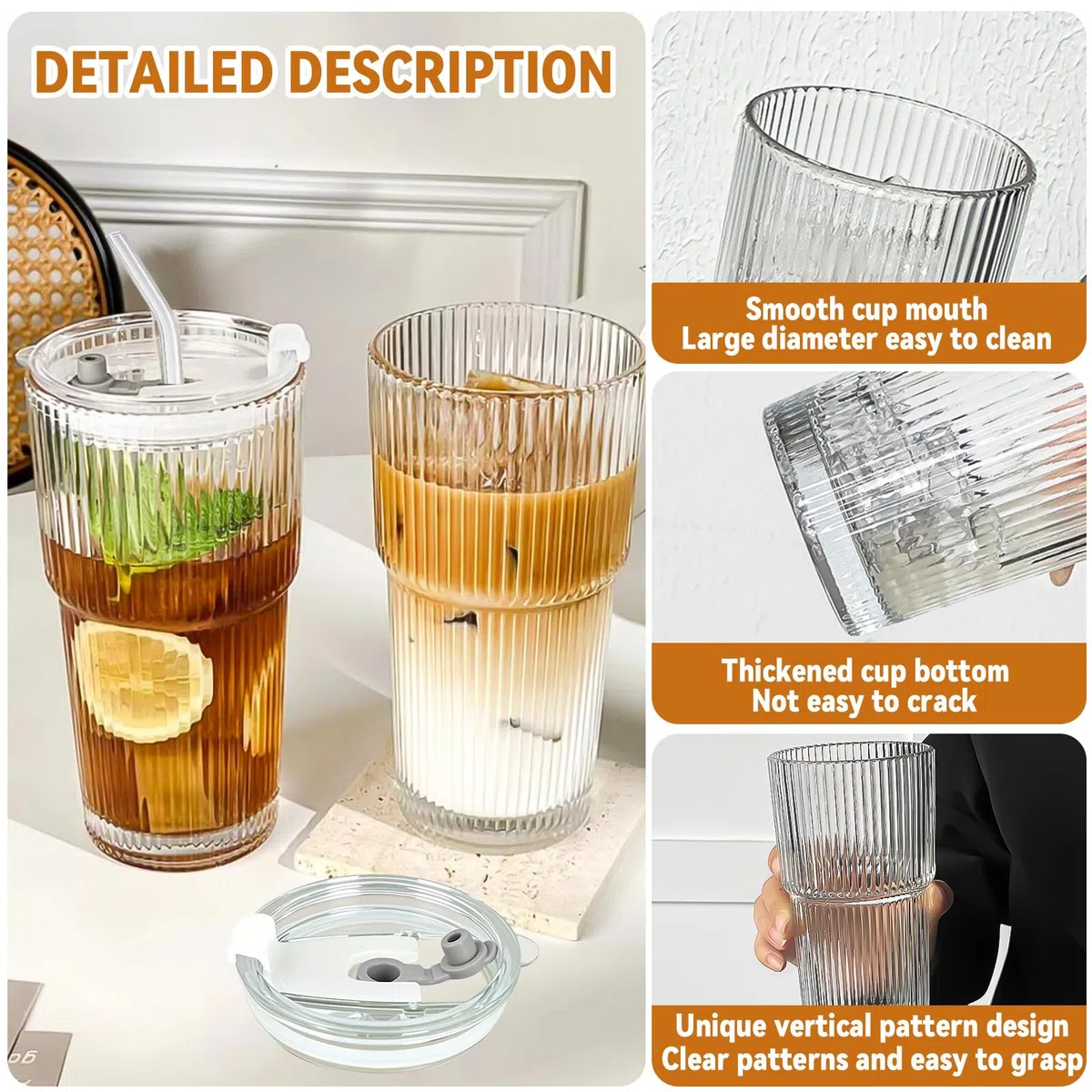 2 Pezzi 600ml Bicchieri da Acqua con Coperchio e Cannuccia, Bicchieri in Vetro con Pennello di Paglia, Ermetico, Bicchieri da Caffè Freddo, Bicchieri a Righe per Tè, Succhi, Caffè, Smoothie
