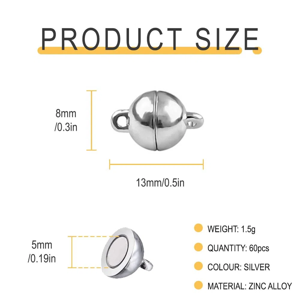 60 Pezzi Chiusure Magnetiche Rotonde Argento Chiusure Calamita a Catena, Bracciale e Collana, Chiusura Magnetica per Gioielli Fai Da Te 8mm