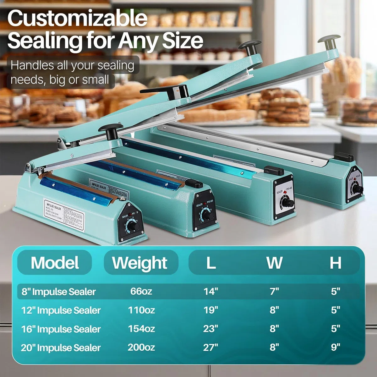 Flexzion 200 mm (8") Impulse Sealer (300W) – Kit di chiusura manuale in plastica con timer regolabile, portatile con elemento di ricambio e nastro in teflon