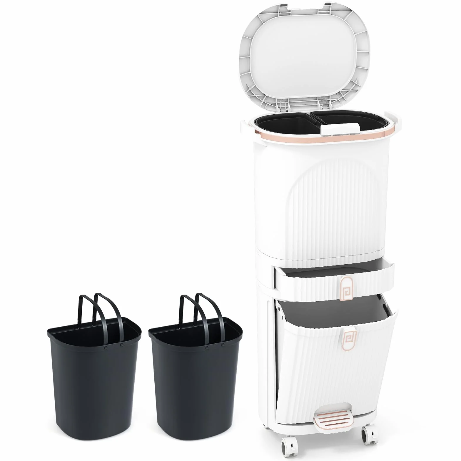 COSTWAY 42 L（12+12+14+4 L） Pattumiera Differenziata, Secchio Spazzatura a 3 Scomparti con Cassetto e Coperchi, 2 Secchi Rimovibili Pedale e Ruote, Bidoni Differenziata per Bagno Cucina Ufficio