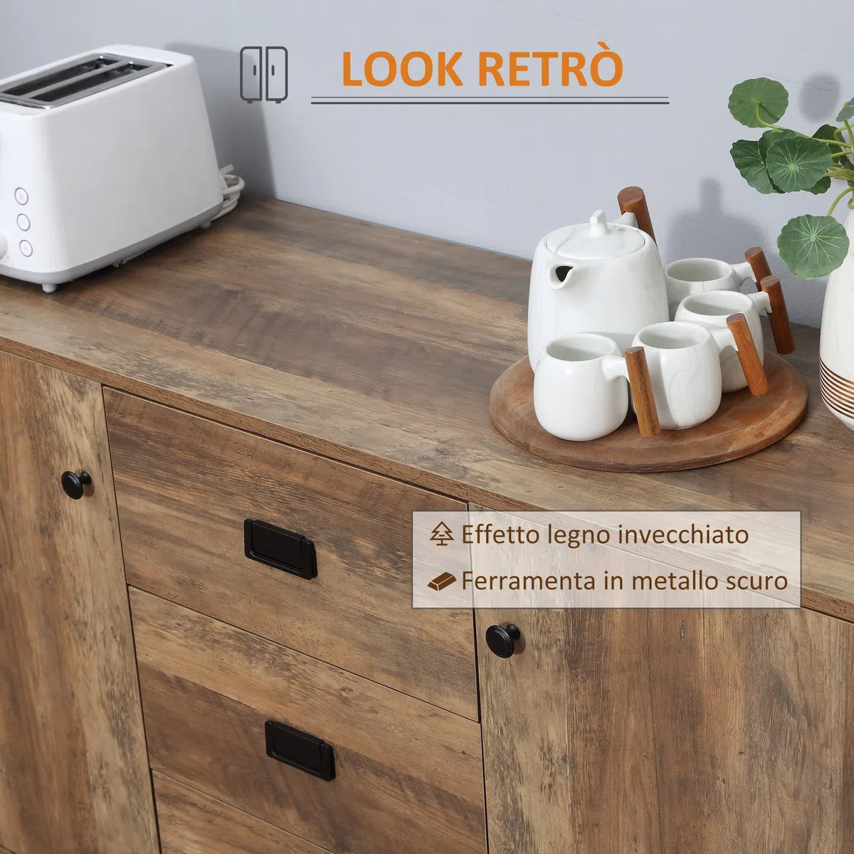 HOMCOM Credenza Moderna in Truciolato e Metallo per Cucina e Soggiorno con 2 Armadietti a 2 Ante con Ripiani Regolabili e 3 Cassetti, 120x39.5x77 cm, Marrone