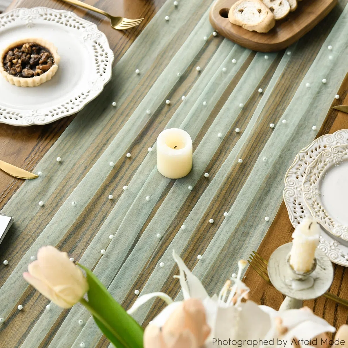 Artoid Mode Runner da tavola in tulle verde erba con perline 70 x 300 cm, decorazione da tavolo in per le vacanze, matrimoni, compleanni, feste
