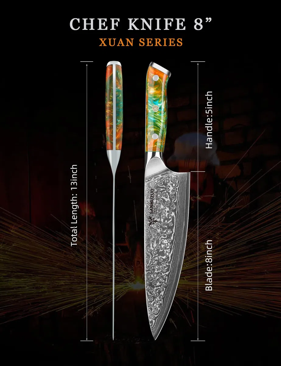 Coltello da chef Professionale - Coltello da Cucina 20 cm, Coltello da Cuoco Acciaio Damasco da 67 Strati- Impugnatura Ergonomica Resina - Xuan Series(Fantasy Orange)