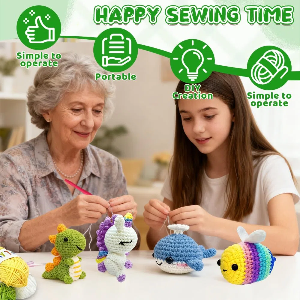 Gobesty Kit Uncinetto Principianti, Carino Uncinetto Set con Accessori, DIY Crochet Kit per Adulti e Bambini, Ideale Come Regalo, Hobby Creativi Adulti (Api/Dinosauri/Balene/Unicorni)