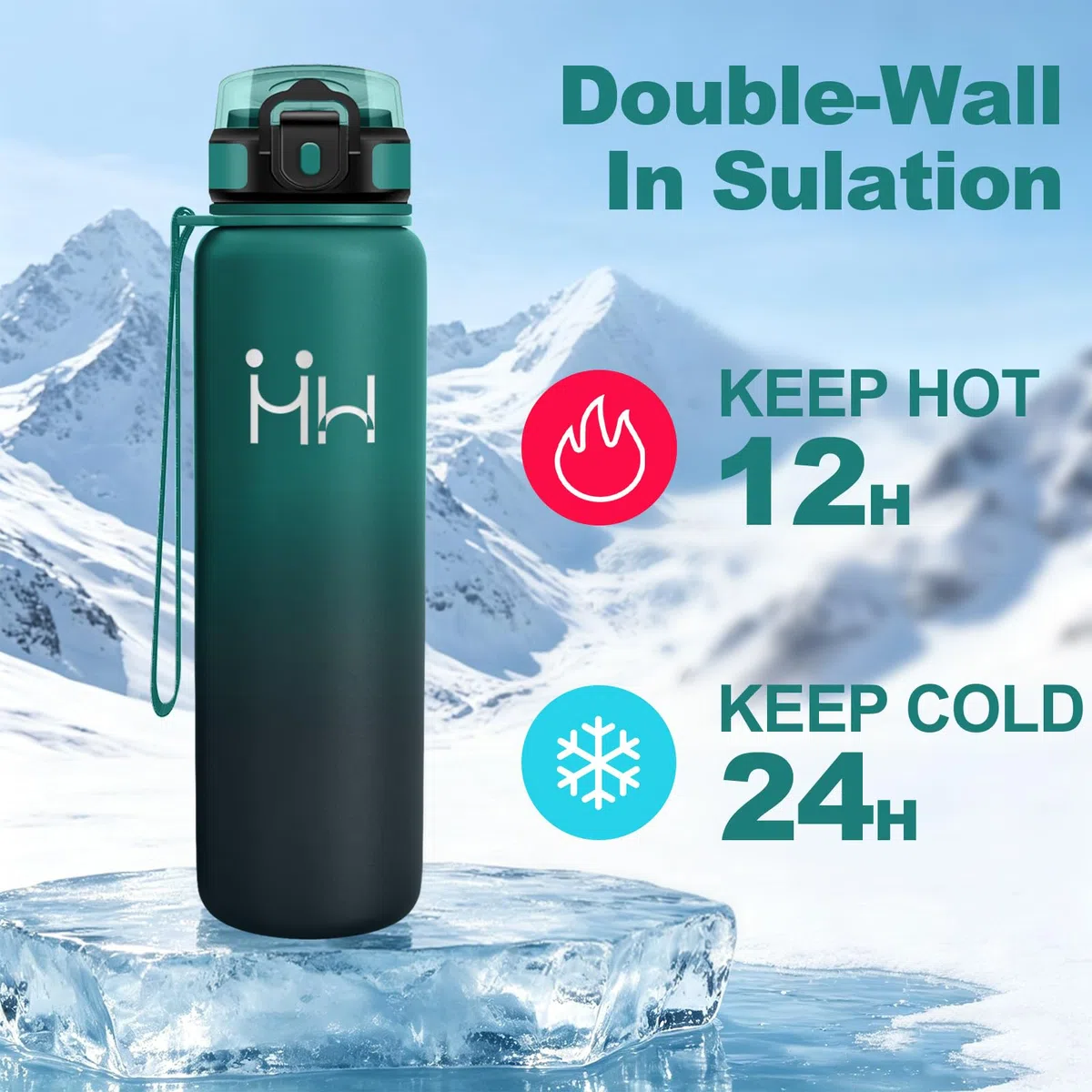 Motswedi Borraccia Termica, 1000ml, Borraccia Acciaio Inox, Riutilizzabile, Bottiglia Termica, senza BPA, Borracce - Verde Forestale & Grigio Scuro