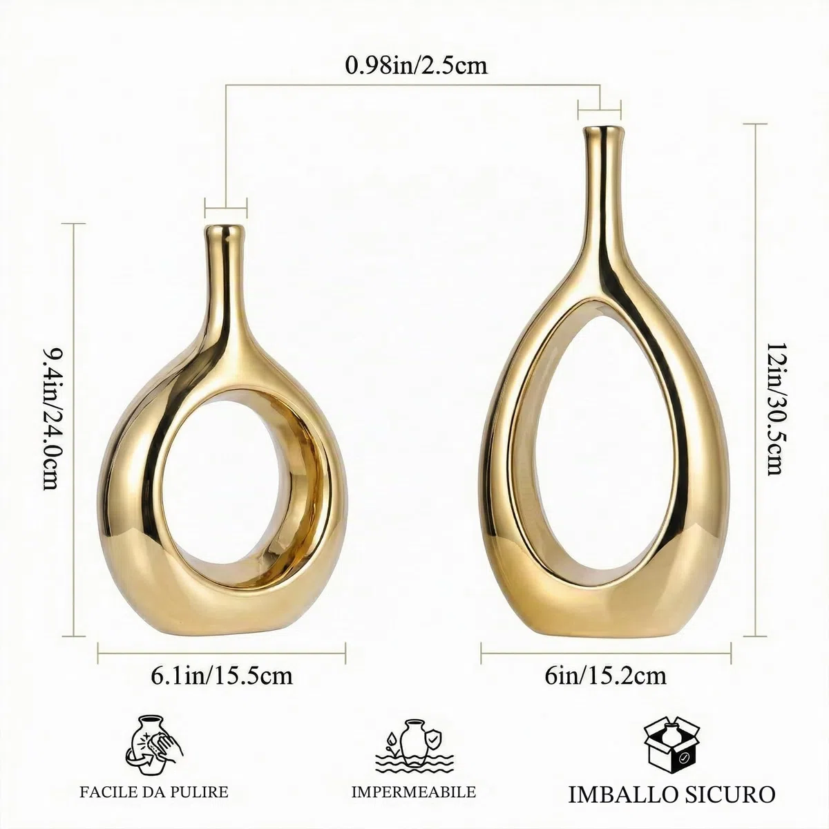 Set di 2 Vasi Moderni Decorativi in Ceramica Placcato Oro, Vaso Dorato con Design Aperto Centrale, Centrotavola Elegante per Soggiorno, Sala da Pranzo, Camera da Letto e Ingresso - Altezza 30.5 cm