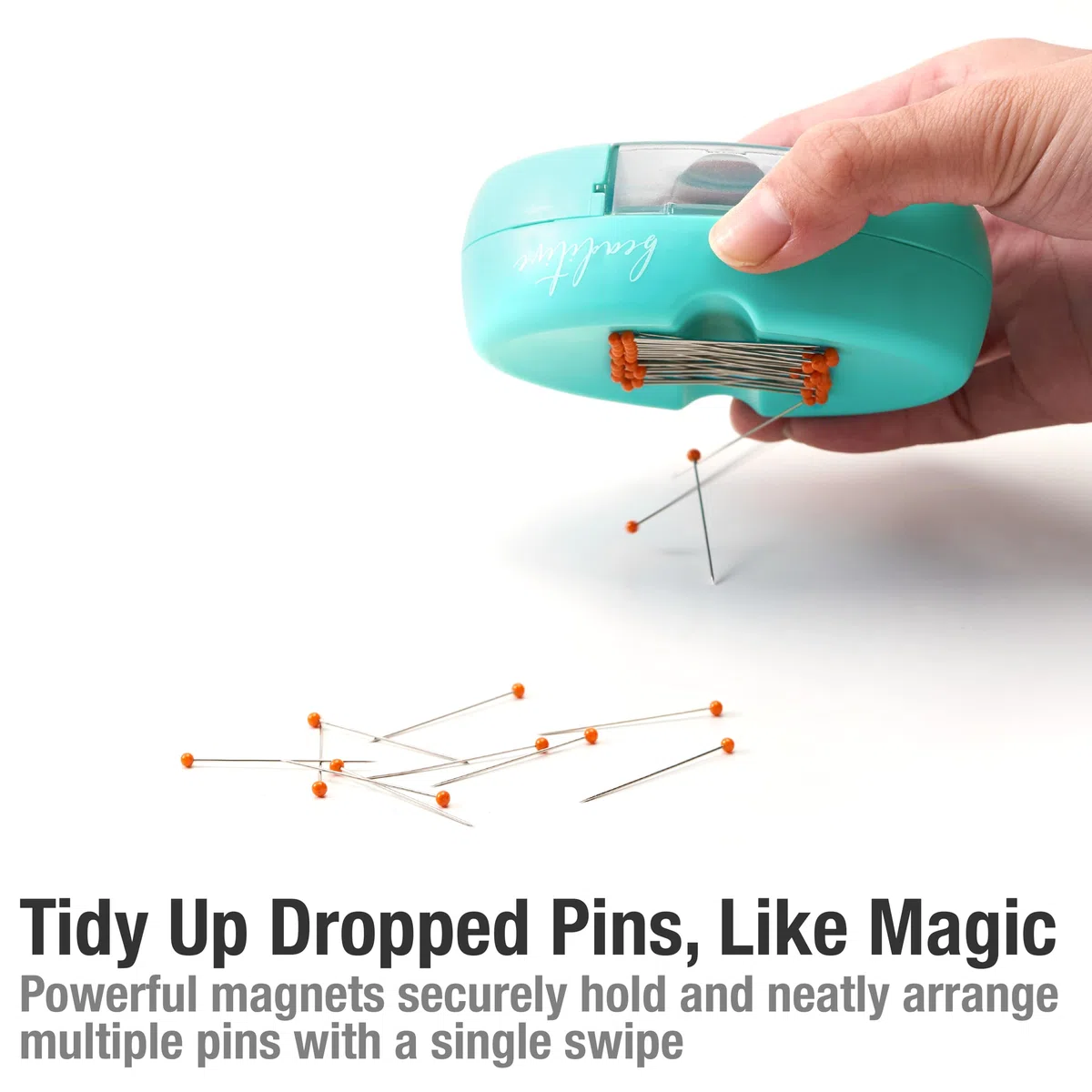 Beaditive Puntaspilli magnetico con cassetto, forte supporto magnetico per cucito, 50 spilli con testa in vetro inclusi, elegante portapillole per spilli da cucito, graffette (turchese)