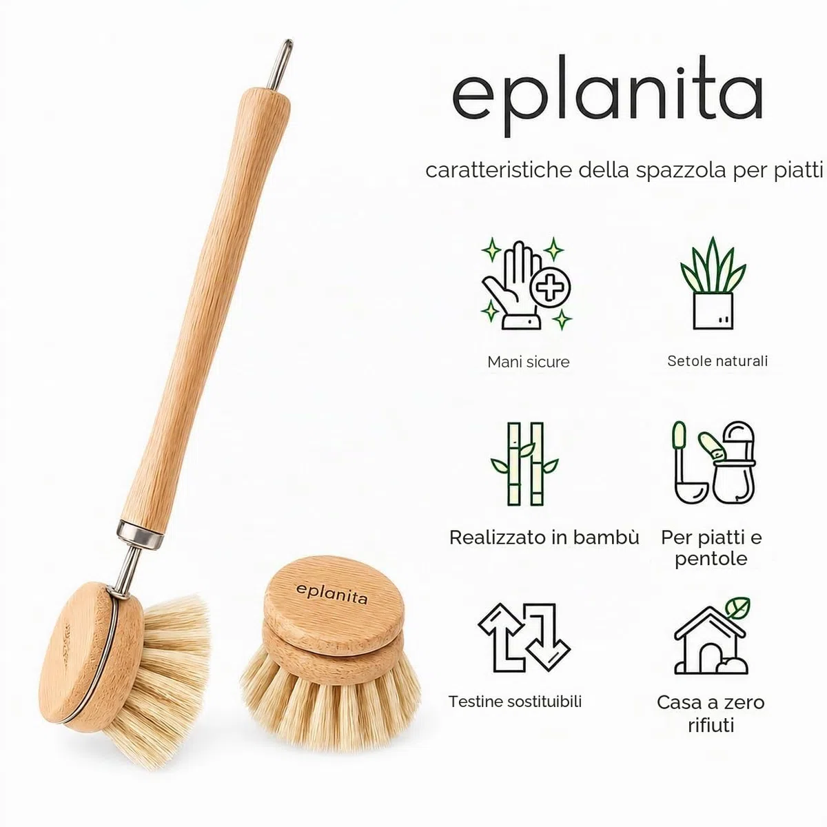 eplanita Spazzola per Piatti in Legno di Bambù, Setole Naturali in Fibra di Agave, Testine Intercambiabili con 2 di Ricambio, Spazzola Lavapiatti da Cucina, Spugna di Luffa per Piatti Inclusa