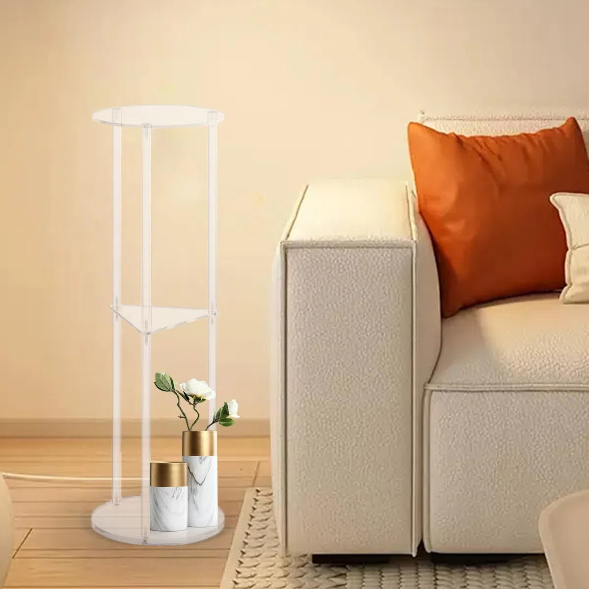 Tavolino Acrilico Rotondo Trasparente, 3 Ripiani | Comodino Sottile e Alto | Tavolo Multi-livello 61 x 20 x 20 cm | Versatile per Camere da Letto, Soggiorni e Spazi Piccoli
