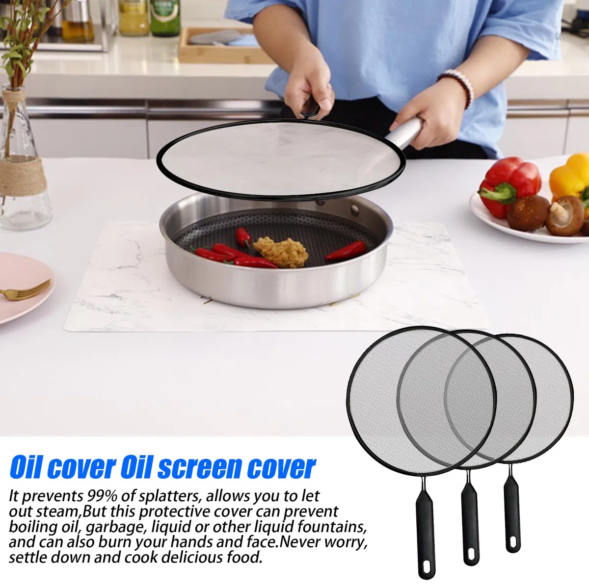 Set di 3 Coperchi Paraspruzzi in Acciaio Inox: Coperchio Paraspruzzi con Manico, Coperchio per Prove per Padelle, Diametro 21cm, 25cm, 29cm, Coperchio per Padella Anti-Spruzzi per Padelle
