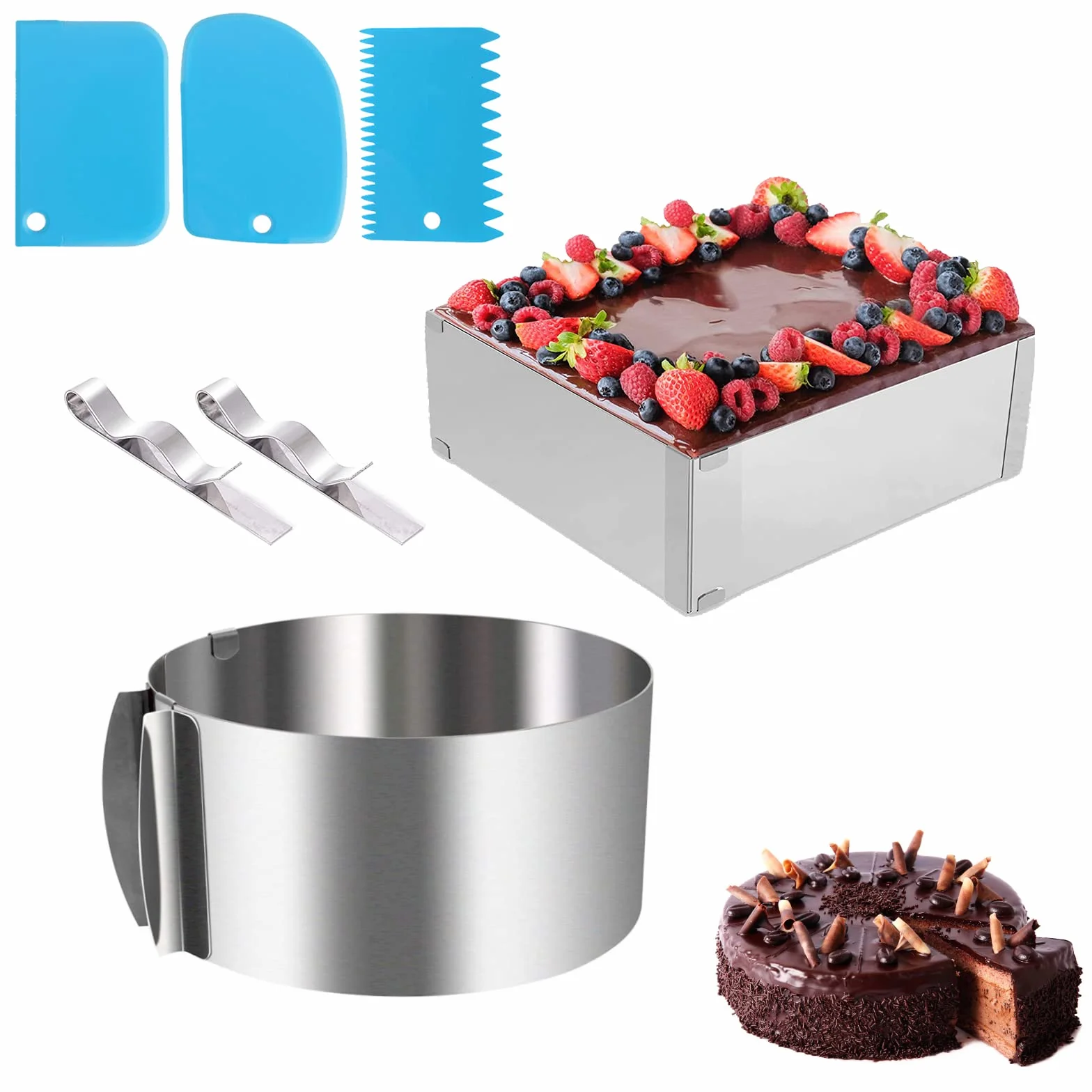 2 pcs Anello per Torta in Acciaio Inossidabile,Diametro Regolabile da 16-30cm(6-12 Pollici),DIY Stampo Circolare per Pan di Spagna,Dolci,Pasticceria,Torte Mousse(1 Anello Rotonda + 1 Rettangolare)