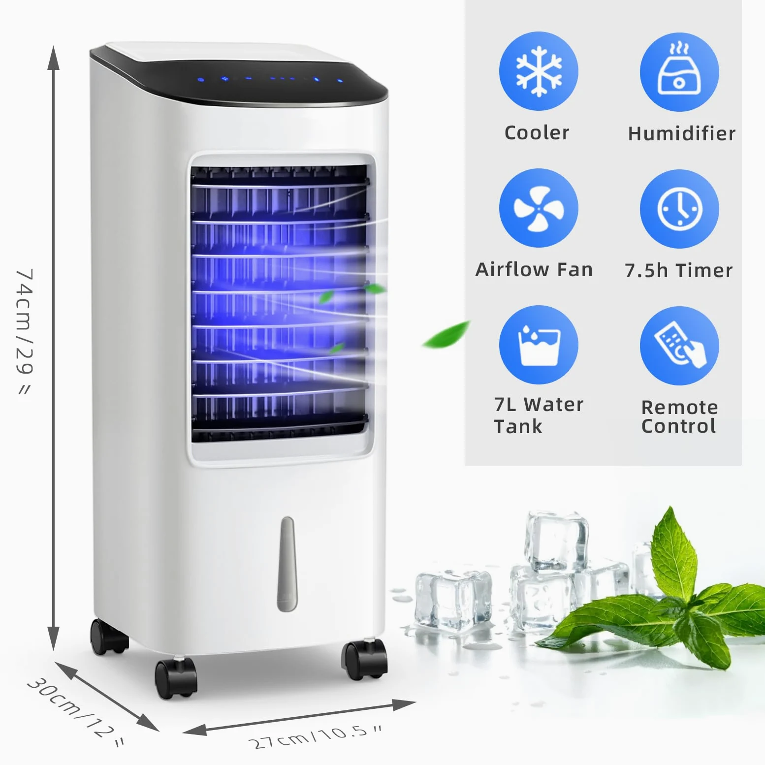 SOARS Raffreddatore d’Aria 65W, 3 in 1 Air Cooler, Umidificatore, Ventilatore, Ventilatore Condizionatore Portatile con Telecomando, 3 Velocità, Timer 7,5H, Serbatoio dell'Acqua da 7L