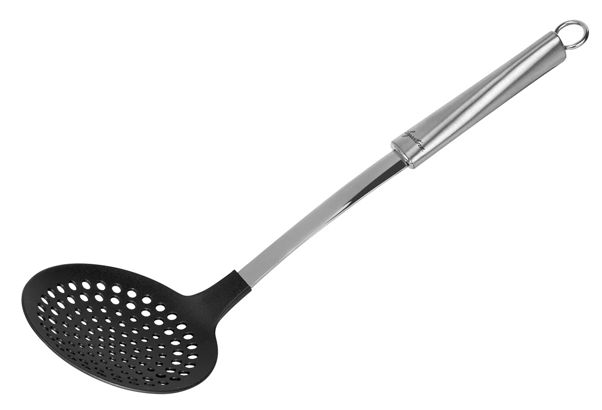 Lagostina - Cucinieri, Schiumarola Antiaderente con Gancio e Manico Ergonomico, Acciaio Inossidabile e Nylon, 37 cm