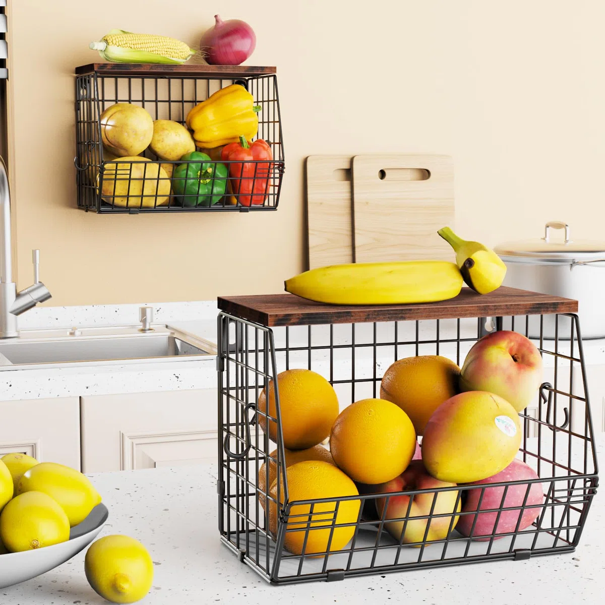 Mefirt Portafrutta 2 Livelli Cesto Frutta da Tavolo, 2 Pezzi Moderno con Coperchio in Legno, Impilabile e Montabile a Parete Cestino Frutta per Conservare Verdure Frutta Snack
