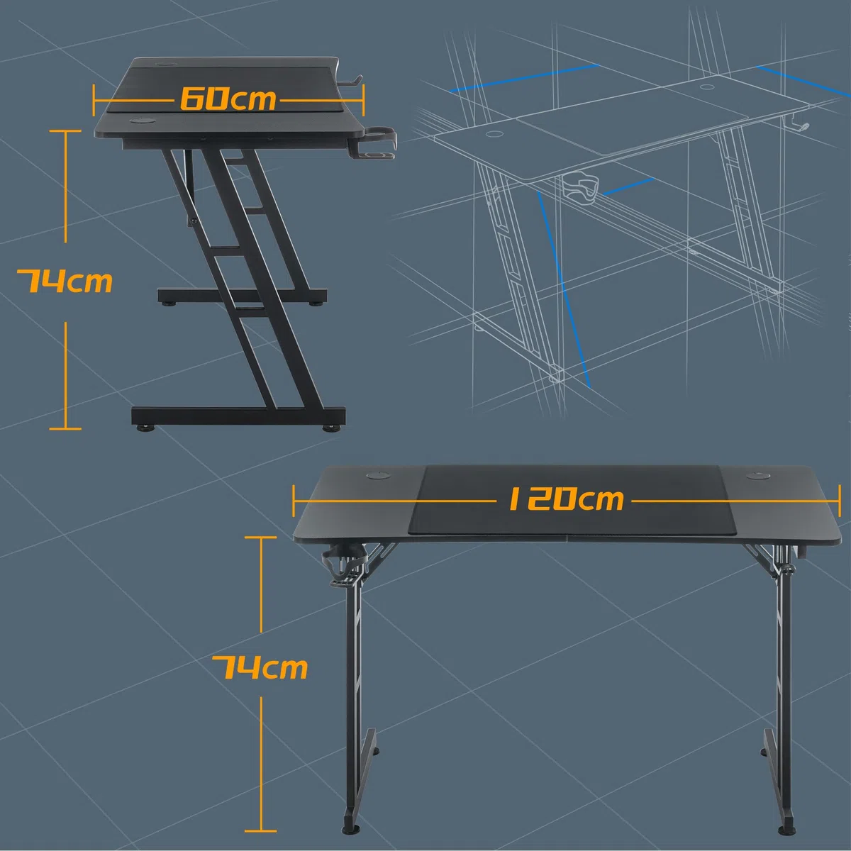 ACXIN Tavolo da gioco, 120 x 60 cm, scrivania per computer con gancio per cuffie e porta bevande, struttura a forma di Z, design ergonomico, scrivania in fibra di carbonio, nero