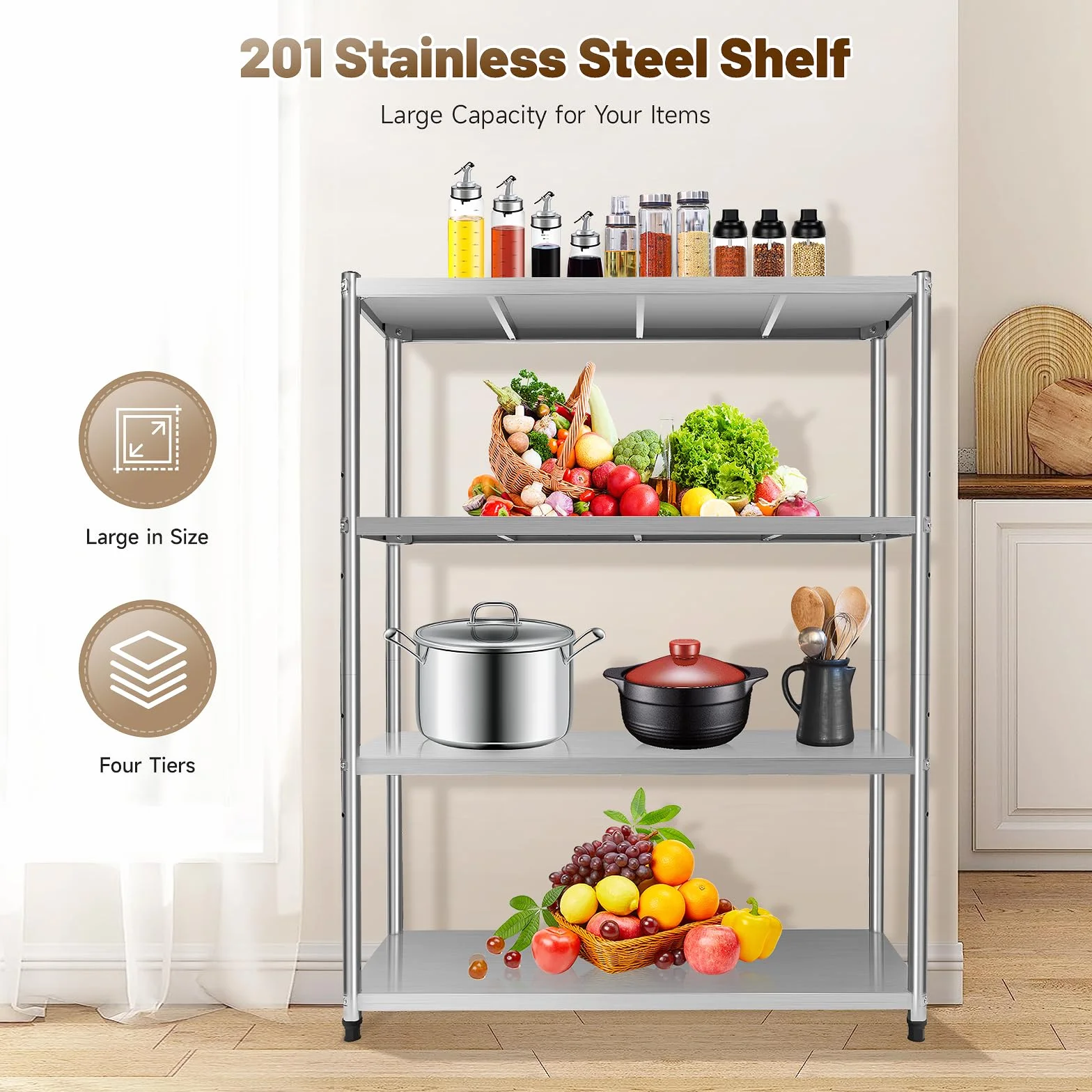 Scaffale da cucina in acciaio inox, per carichi pesanti, 120 x 40 x 150 cm, 4 ripiani in acciaio inox, per uso commerciale e domestico, con strati antiscivolo e struttura modulare