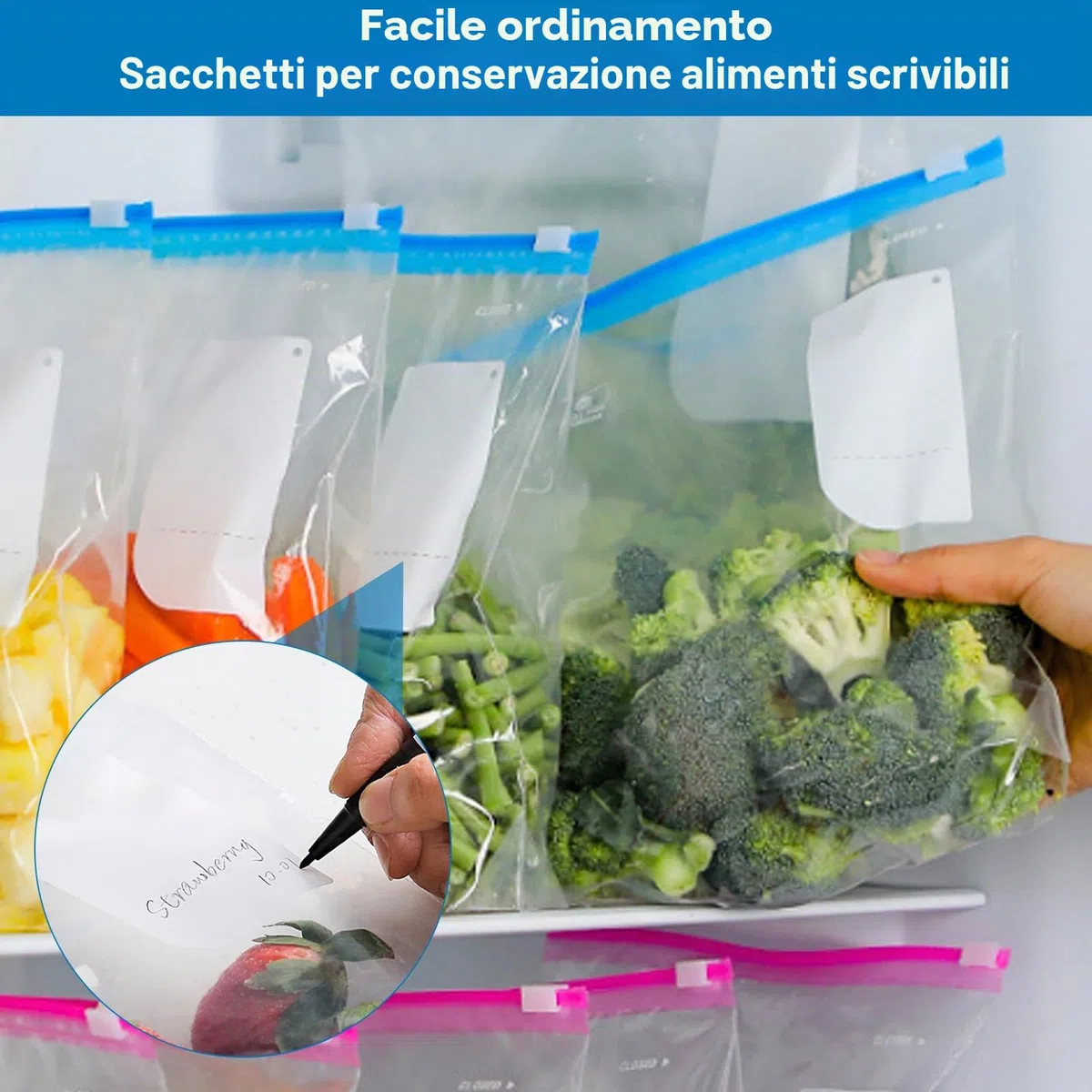 75 sacchetti per congelatore, con chiusura a cerniera, riutilizzabili, con chiusura a cerniera, per frutta, verdura, carne, cereali, snack, verdure, piccole, medie, grandi
