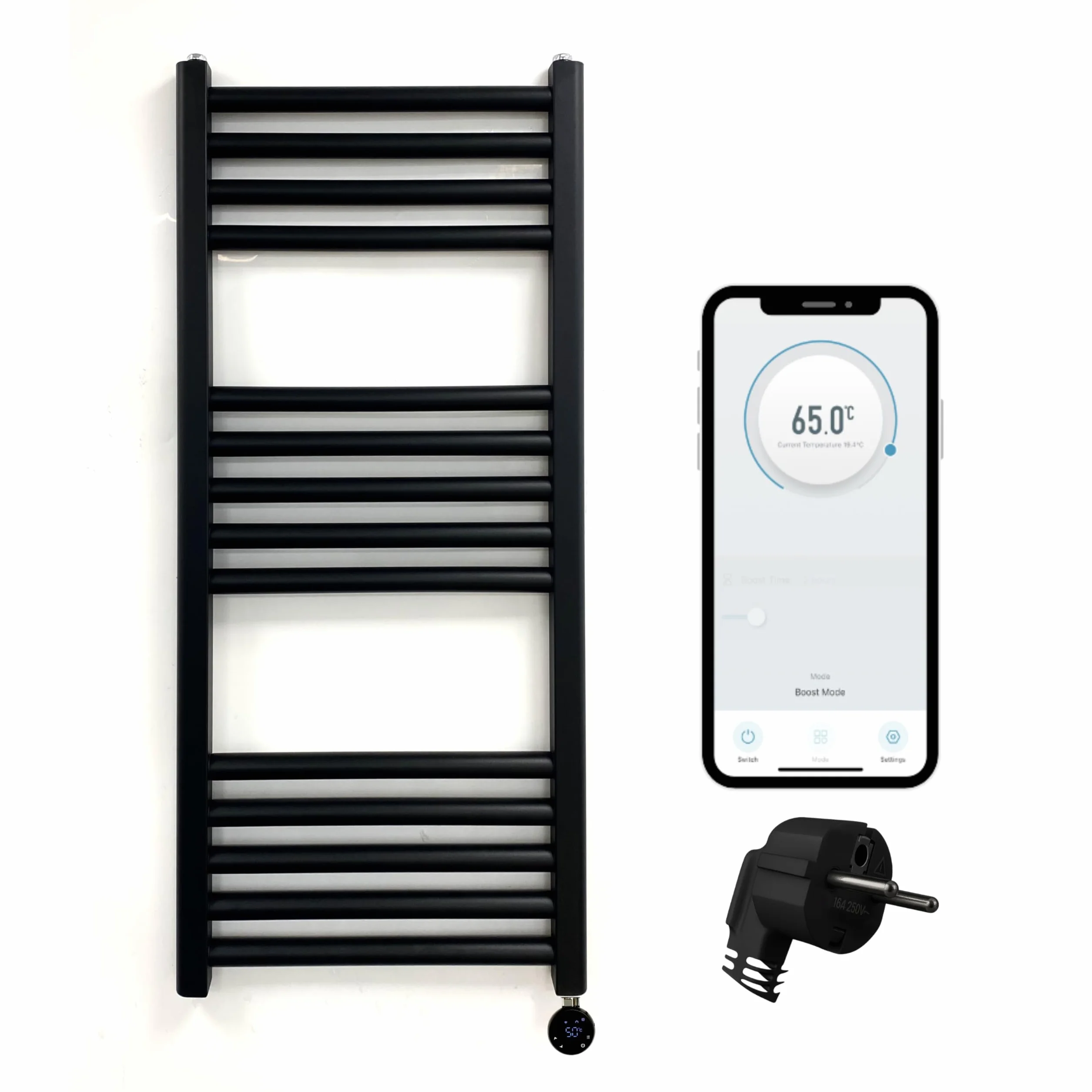 Termoarredo elettrico WiFi scalda asciugamani Smart Flat con timer programmabile 7 giorni, compatibile con app (UE) (Nero, 400 mm L x 800 mm A)