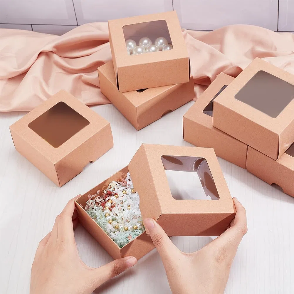 BENECREAT 12 scatola di Carta Kraft Marrone con Finestra Trasparente, Confezione Regalo Quadrata In Carta Kraft Da 10x10x5 cm, Adatto per Regali di Nozze, Imballaggio Gioielli